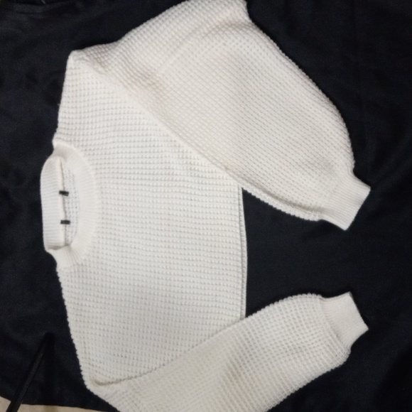 Waffle Knit Set Long Drawstring Pants w/Crop Long Sleeve Sweater Ivory M/L NWOT - Picture 4 of 6